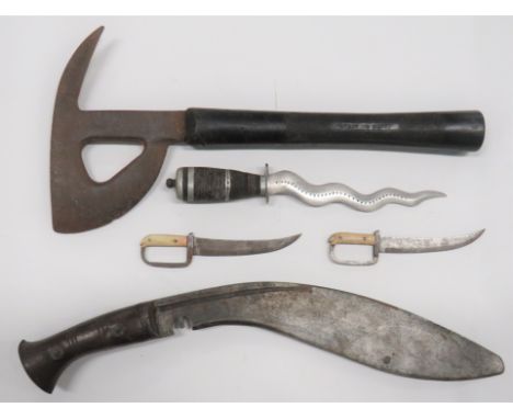 Indian Issue Kukri and Escape Axe12 1/2 inch, single edged blade of typical form (tip blunted).  The forte with "W4" stamp.  