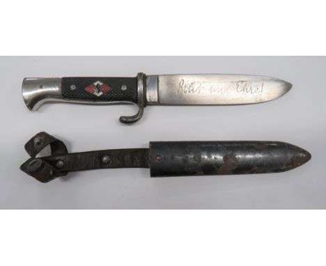 WW2 Hitler Youth Knife5 1/4 inch, single edged blade etched "Blut Und Ehrel"  The reverse with etched "RZM" mark over "M7/51 