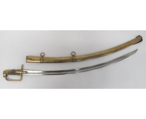 French Napoleonic War Period Hussars Sword.  33 inch, single edged blade with large fuller. &nbsp;Brass straight crossguard l