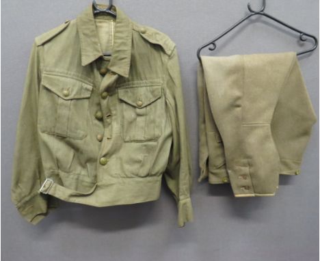1941 Dated Denim Battledress Jacket and D R Breechesgreen denim, single breasted, closed collar, short jacket.  Pleated chest