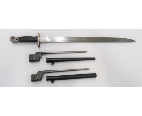 1907 Pattern SMLE Bayonet And 2 MKII Spike Bayonets17 inch, single edged blade with narrow fuller.  Forte dated "7/17".  Nick