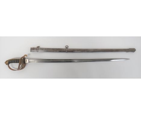 1845 Victorian Infantry Officer's Sword32 1/2 inch, single edged blade with large fuller.  Etched crowned VR cypher, foliage 