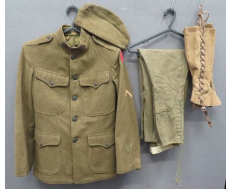 Complete WW1 American Infantry Other Ranks Uniformconsisting khaki woollen, single breasted, high collar tunic.  Patch chest 