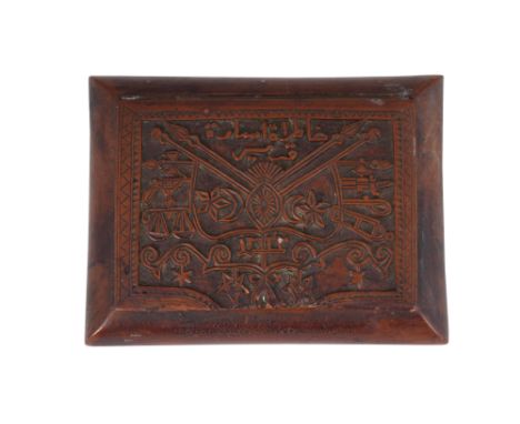 AN OTTOMAN CARVED WOOD TOBACCO SNUFFBOX MADE BY A WAR PRISONER Ottoman Provinces, dated 1222 AH (1807 AD)Of rectangular shape