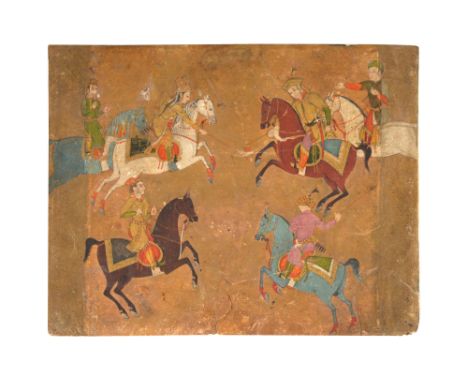 A ROYAL POLO MATCH Possibly Tabriz or Qazvin, Safavid Iran, mid to late 16th centuryOpaque pigments heightened with gold on p