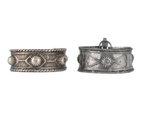 TWO PALESTINIAN WHITE METAL WOMEN'S BRACELETS Collected in the Sinai Peninsula, Egypt, made in Palestine, ca. 1920 - 1950Comp