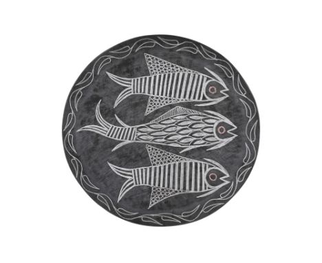 A SILVER AND COPPER-INLAID ZINC DISH WITH FISH MOTIF Tunisia, North Africa, second half 20th centuryOf concave circular shape