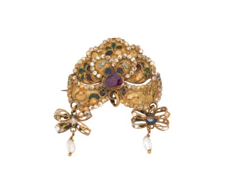 A GEM-SET CHAMPLEVÉ ENAMELLED GOLD BROOCH Possibly Georgia or Armenia, Caucasus, Ottoman Western Provinces, 19th centuryIn th