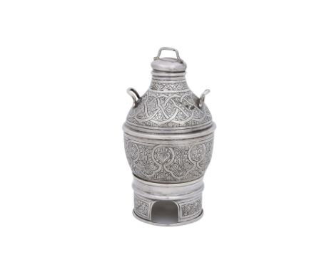 AN ENGRAVED AND HALLMARKED EGYPTIAN SILVER INCENSE BURNER WITH BASE Cairo, Egypt, September 1982 - October 1985Comprising a g