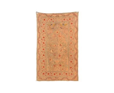 AN EMBROIDERED INDIAN FELT PANEL Northern India, 20th centuryThe rectangular hanging of taupe felt wool, worked in coloured f