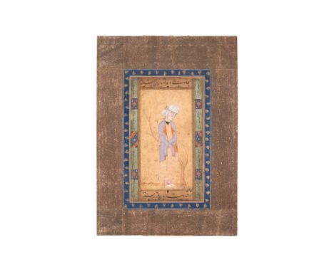 AN ARCHAISTIC SAFAVID-REVIVAL MURAQQA' FOLIO WITH A YOUTH IN A GARDEN Qajar Iran, 19th centuryOpaque pigments heightened with