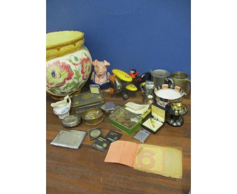 Collectables to include a Burmentoft Faiance jardiniere, a WW1 silver tobacco box, a trench art brass hat, cigarette lighter 