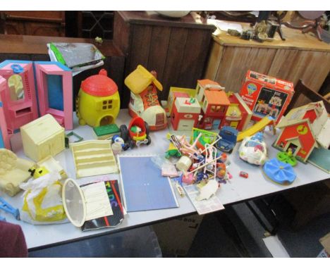 Vintage toys to include Barbie and Sindy accessories, Fisher Price 'Play Family Village', Care Bear car, Matchbox Live-n-Lear