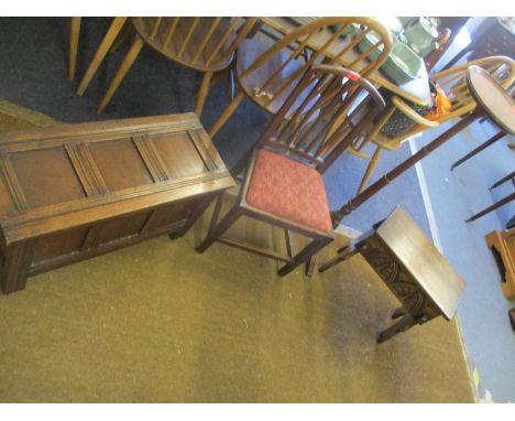 A small oak chest, a mahogany plant stand, a child's chair and a small stool with hinged lid 