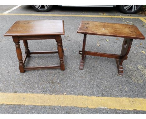 An arts and crafts oak stool together with one other oak stool with label for mapleLocation: 