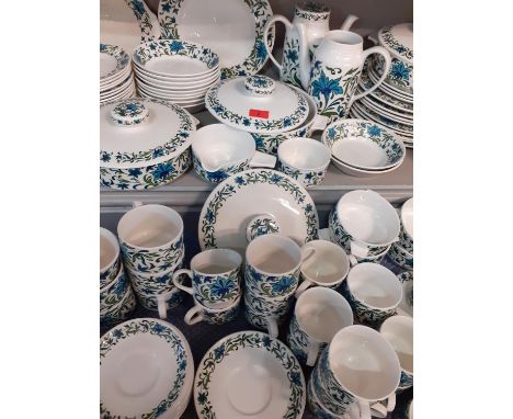A vintage Midwinter 'Spanish Garden' dinner, coffee and tea service A/F to include three tureens with four lids, 2 teapots (o