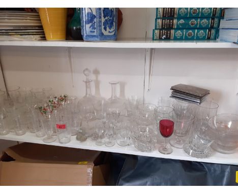 Three Victorian copies of 18th century opaque twist glasses, Victorian rummers, etched finger bowls, a Georgian decanter stop