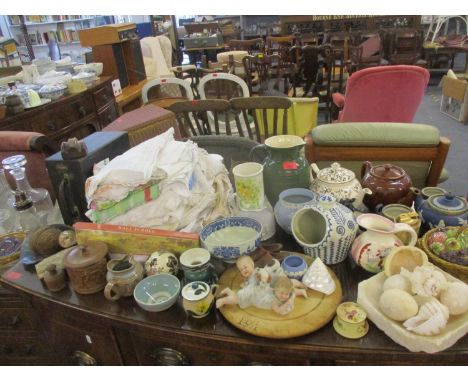 A mixed lot to include Adams pottery, onyx eggs, vintage table linen, shells and ornaments 