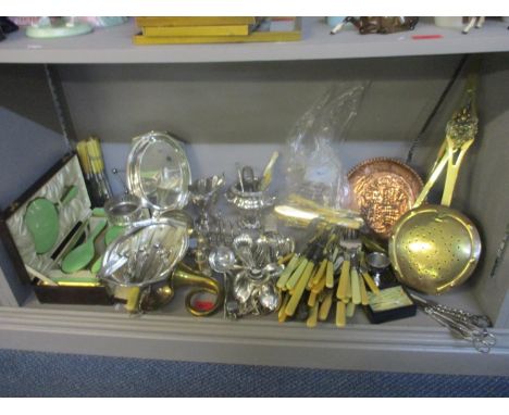 Silver and silver plate to include mainly cutlery and flatware, grape scissors, entree dish, a brass chestnut roaster, a copp