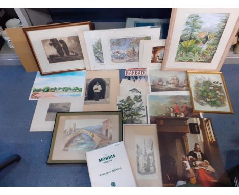 A quantity of prints and watercolours to include tourist prints from Barbados, together with a vintage Morris Minor Workshop 