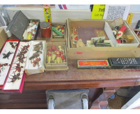 A selection of vintage toys and games to include painted wooden child's skittles, gyroscope, viewer with stereocards, chalks,