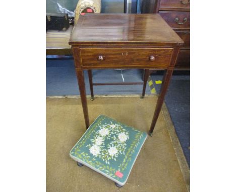 An Edwardian inlaid mahogany table on square tapering legs and a Victorian oak upholstered stool on four carved feet 