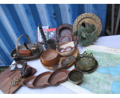 A vintage lot to include a St Tropez map A/F, mixed vintage brassware, a carved treen model of a knobbly toad, a trug, pamphl