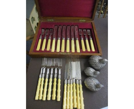 A cased set of six Mappin &amp; Webb silver and bone fish knives and forks, together with six other knives and forks and a th