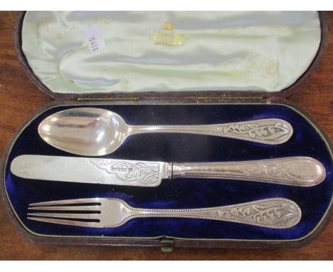 A Victorian silver spoon, knife and fork, christening set, cased  Porters 