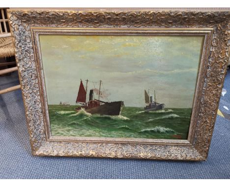 A 20th century oil on board depicting ships on a choppy sea, signed D R Miller and dated 1966 lower right, 38 x 55cm, LOC LWM