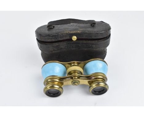 Edwardian Voightlander Brauschureg gilt brass and light blue guilloche enamel opera glasses, in leather case, circa 1910 