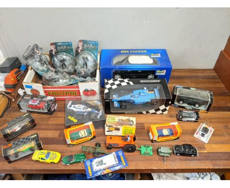 Harry Potter figures model vehicles to include Tricky Action Tractor, a Revell Mini Cooper 1-12, a Minichamps Benetton car 1.