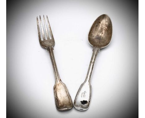 A Paul Storr fiddle and thread pattern dessert spoon London 1816 and a Victorian dessert fork by Chawner &amp; Co (George Wil
