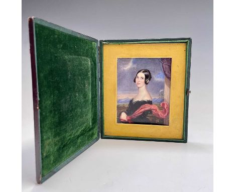 A 19th-century miniature portrait of a young woman before a landscape 13x10.5cm Leather-bound caseCondition report: This mini