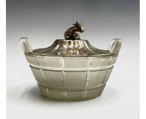 A cut glass butter dish the silver lid by Henry Wilkinson &amp; Co with recumbent cow finial Sheffield 1851Condition report: 