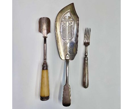 A late Victorian silver cheese scoop with ivory handle a George III fiddle pattern fish slice London 1813 4.15oz and a Victor