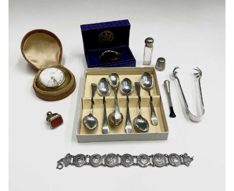 Six silver Old English pattern teaspoons 2.35oz, together with a Looping alarm clock cased, etc.