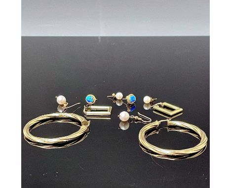 Two pairs of 9ct gold earrings 7.7gm, a pair of opal earrings and two pairs of cultured pearl earrings total 12.4gm