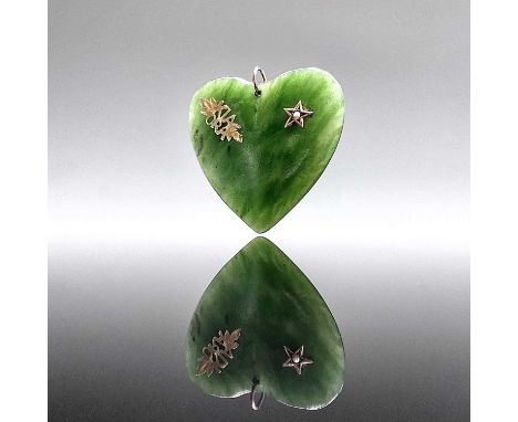 A New Zealand greenstone heart pendant with gold Kia ora greeting and a gold split-pearl set star 52mm wide 28.8gmCondition r
