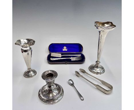 An Elkington epns christening spoon and fork, cased, a filled silver spill with Artist's Rifles crest and two other filled si