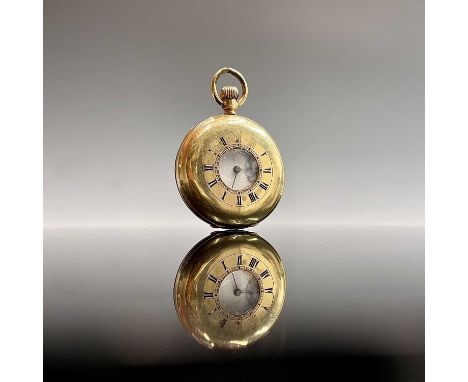 A Benson 18ct gold half-hunter cased keyless pocket watchCondition report: Overall weight 81.4g. The inner dust cover is gold