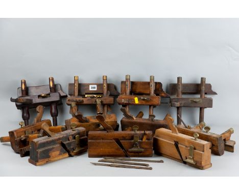 Eight brass and wooden sash fillister planes, three others and three spare blades, various maker's stamps and conditions