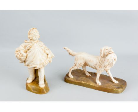 Two ivorine Crown Devon figures on gilt bases, one of a bonneted young girl with a cape carrying a basket of flowers, the oth