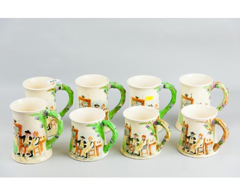 Eight Crown Devon relief moulded and hand painted tankards with applied transfer print verse for 'Auld Lang Syne' to the reve