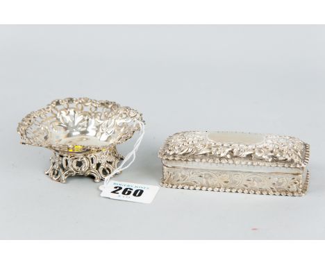 A small heart shaped pierced and pedestal silver pin dish, 1.4 ozs, Birmingham 1893 and an oblong silver lidded trinket box, 
