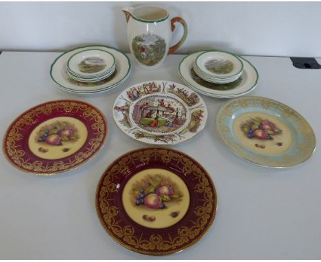 3 Aynsley d. Jones fruit plates "The Foxhunters Nightmare", plated spode "Drawing the Dingle" jug and 2 plates; "Throwing Off
