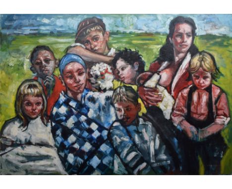 Andrew Vicari (1932-2016), "Harlequin & Gipsy Children", signed and titled on verso, oil on board, 121 x 176cm, 47.75 x 69.25