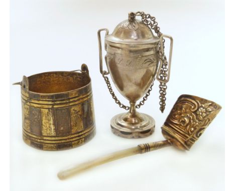 Russian parcel gilt tea-strainer, Scandinavian vinaigrette, Georgian caddy spoon. Condition reports are not available for our