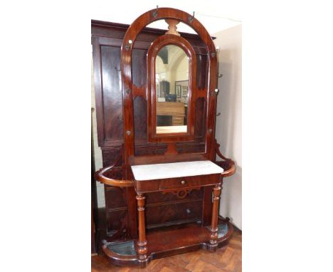 Victorian mahogany hall coat/stick stand with arched mirrored back and marble top 138 cm wide Condition reports are not avail