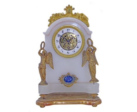 A late 19th century French marble manel clock. With curved arched pediment mounted with brass crown, mounted either side of t